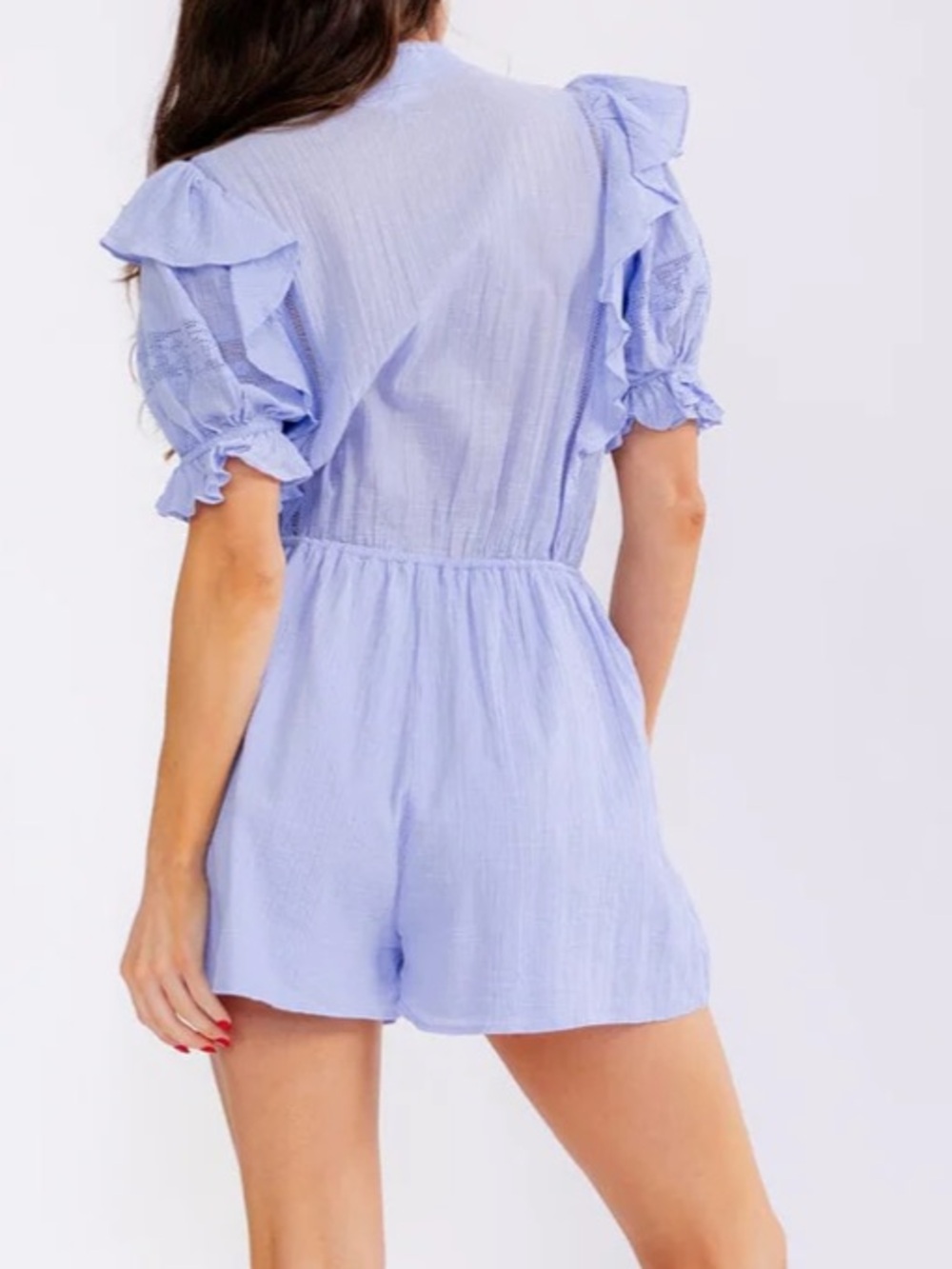 Boho NWT Women’s Coastal cutie Light Blue Ruffle Sleeve Romper size S-M-L - Picture 3 of 3